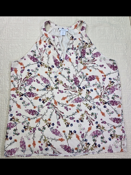 Kenar Tops - Kenar Floral Sleeveless Blouse Halter Racerback Split V-Neck Tank Pleated Size S